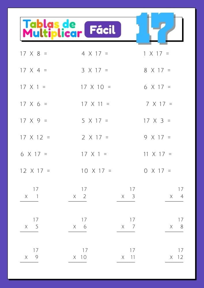 Imágenes con ejercicios para imprimir de la tabla del 17